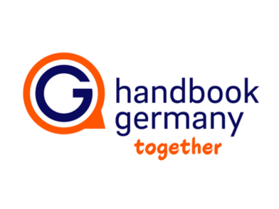 Orangenes Logo mit dem Schriftzug Handbook Germany together