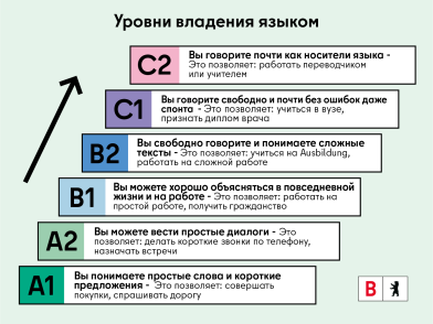 A1: Ты понимаешь простые слова и короткие предложения; A2: Ты можешь обмениваться простой информацией; B1: Ты можешь хорошо общаться в повседневной жизни и на работе; B2: Ты говоришь свободно и понимаешь сложные тексты; C1: Ты говоришь свободно даже в спонтанных ситуациях и почти без ошибок; C2: Ты говоришь почти так же, как на своем родном языке